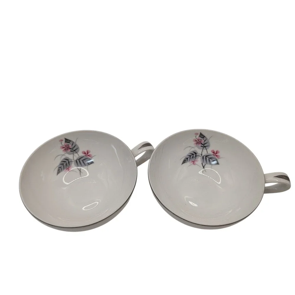 Vintage Narumi Teacups Lyric  Pink Gray Flower Bone China Mid Century Set of Two